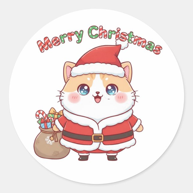 Pegatina Redonda Kawaii Santa Cat Merry Christmas Holiday Gift (Anverso)