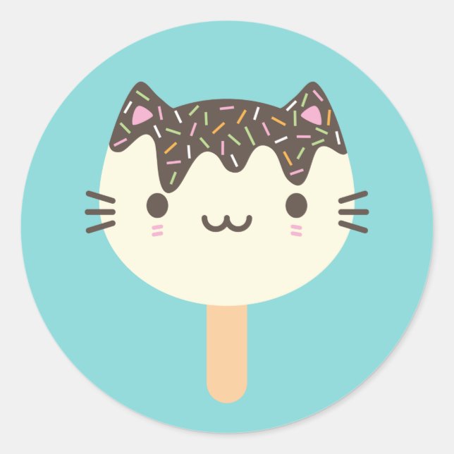 Pegatina Redonda Kawaii Summer Ice Lolly Popsicle Cat (Anverso)