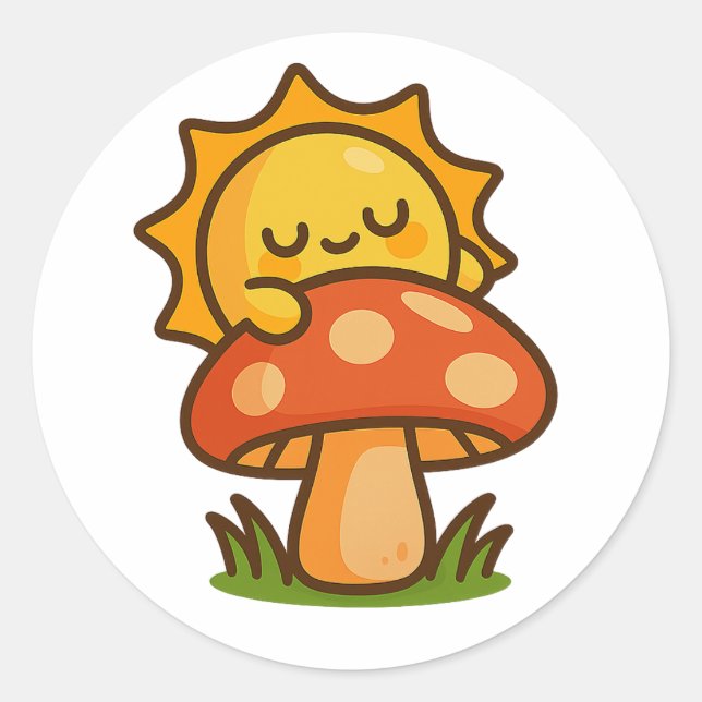 Pegatina Redonda Kawaii Sun on Mushroom – Sticker (Anverso)