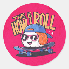 Pegatina Redonda Kawaii Sushi divertido en patineta