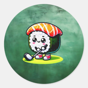 Pegatina Redonda Kawaii Sushi jugando al golf