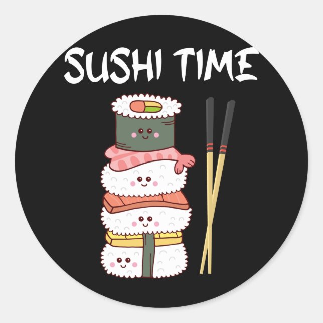 Pegatina Redonda Kawaii Sushi Time Anime Cuece Comida Japonesa (Anverso)