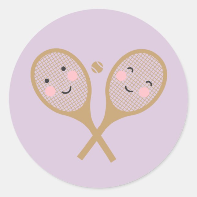 Pegatina Redonda Kawaii Tennis Rackers Happy Face Cute Lavender (Anverso)