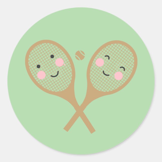 Pegatina Redonda Kawaii Tennis Racket Happy Face Cute Brown (Anverso)
