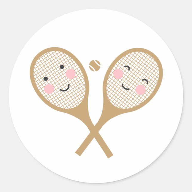 Pegatina Redonda Kawaii Tennis Racket Happy Face Cute Brown (Anverso)