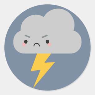 Pegatina Redonda Kawaii Thunder y Lightning Cloud