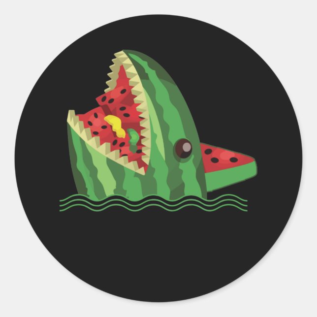 Pegatina Redonda Kawaii Watermelon Shark Fin Family Summer Vacation (Anverso)