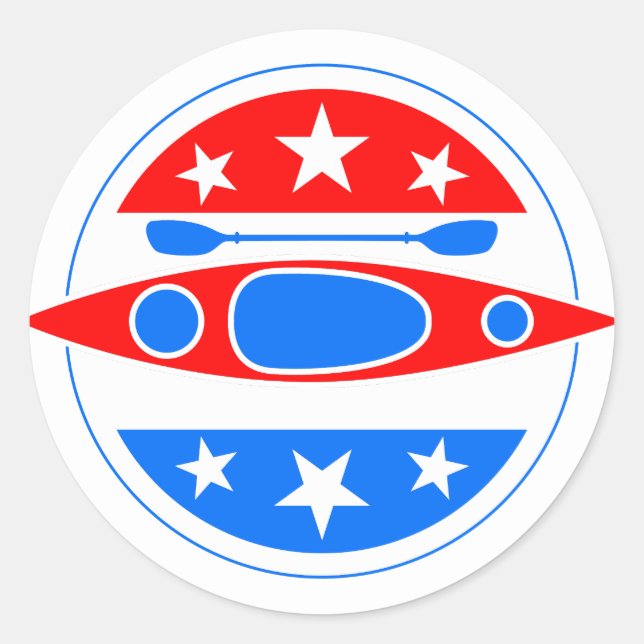 Pegatina Redonda Kayak Bandera Americana Kayak Bote y Paddle (Anverso)