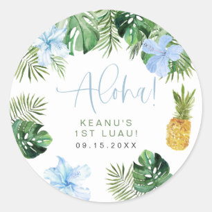 Pegatina Redonda KEANU Azul tropical Hibiscus Luau Primer cumpleaño