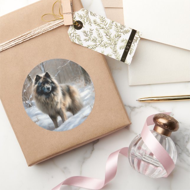Pegatina Redonda Keeshond Deja que nieve Navidad (Regalar)