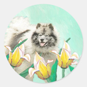 Pegatina Redonda Keeshond en tulipanes pintando arte original del p