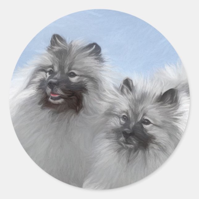 Pegatina Redonda Keeshond Pair de Kees pintura animal original (Anverso)