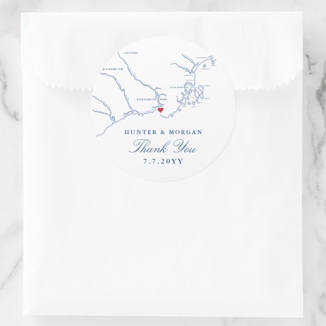 Pegatina Redonda Kennebunkport Maine Map Navy Wedding Favor (Bolso)