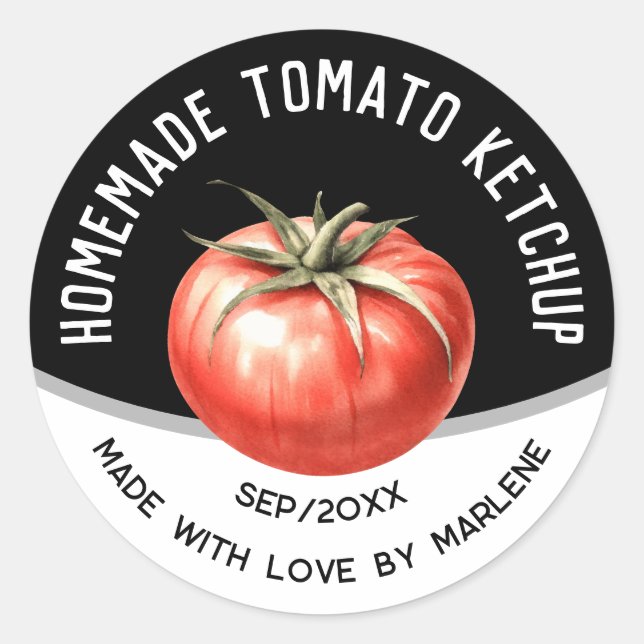 Pegatina Redonda Ketchup de tomate casero editable con tomate rojo (Anverso)