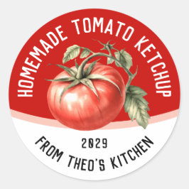 Pegatina Redonda Ketchup de tomate casero editable con tomate rojo