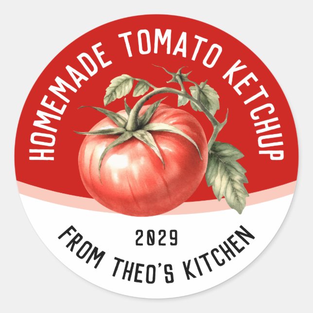Pegatina Redonda Ketchup de tomate casero editable con tomate rojo (Anverso)