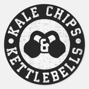 Pegatina Redonda Kettlebels y Kale Chips - Divertido entrenamiento 
