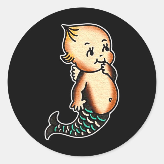 Pegatina Redonda Kewpie Baby Mermaid Tattoo tradicional Flash (Anverso)