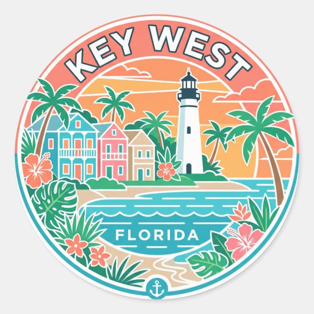 Pegatina Redonda Key West, Florida (Anverso)