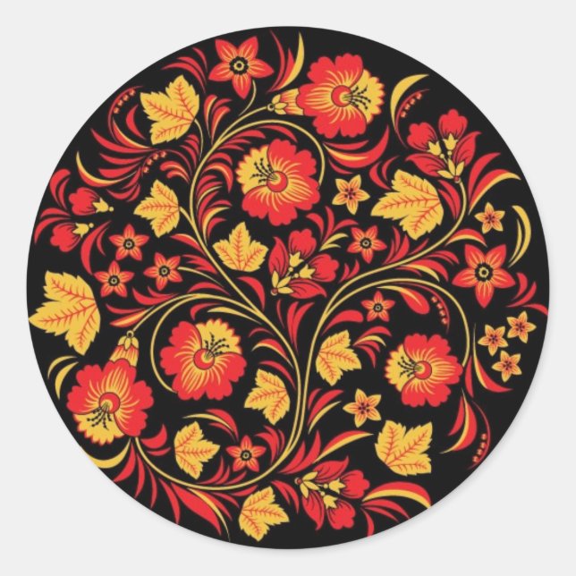 Pegatina Redonda Khokhloma (Hohloma) Talleres de Arte Ruso (Anverso)