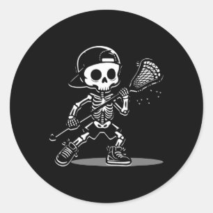 Pegatina Redonda Kid Halloween Skeleton Jugando Lacrosse Sport Play