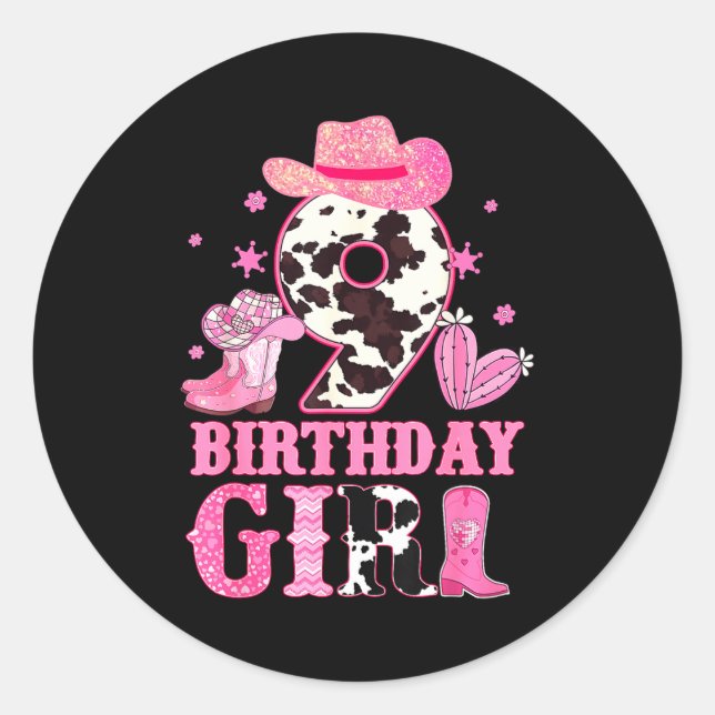 Pegatina Redonda Kids 9th Birthday Girl Rodeo Western Cowgirl Birth (Anverso)