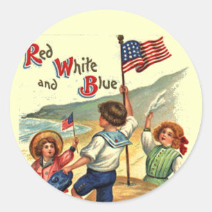 Pegatina Redonda Kids Beach July 4 Flag Vintage Postcard Art