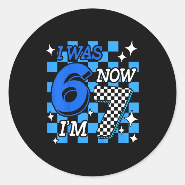 Pegatina Redonda Kids Blue Checkered I Was 6 Now I'm 7 Birthday Boy (Anverso)