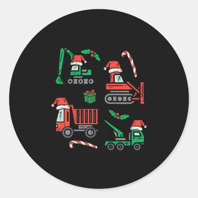 Pegatina Redonda Kids Christmas Construction Vehicles Truck Xmas Bo (Anverso)