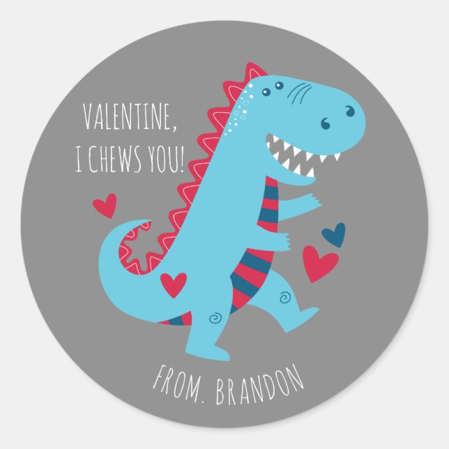 Pegatina Redonda Kids Classroom Dinosaur Valentines Day (Anverso)