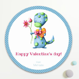 Pegatina Redonda Kids Día de San Valentín Blue Dinosaur