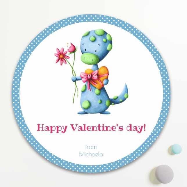 Pegatina Redonda Kids Día de San Valentín Blue Dinosaur (Subido por el creador)