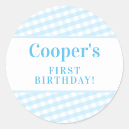Pegatina Redonda KIDS FIESTA vintage gingham patrón niño azul