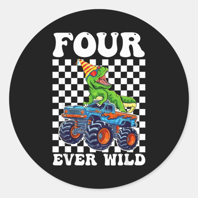 Pegatina Redonda Kids Four Ever Wild Dinosaur Monster Truck 4th Bir (Anverso)