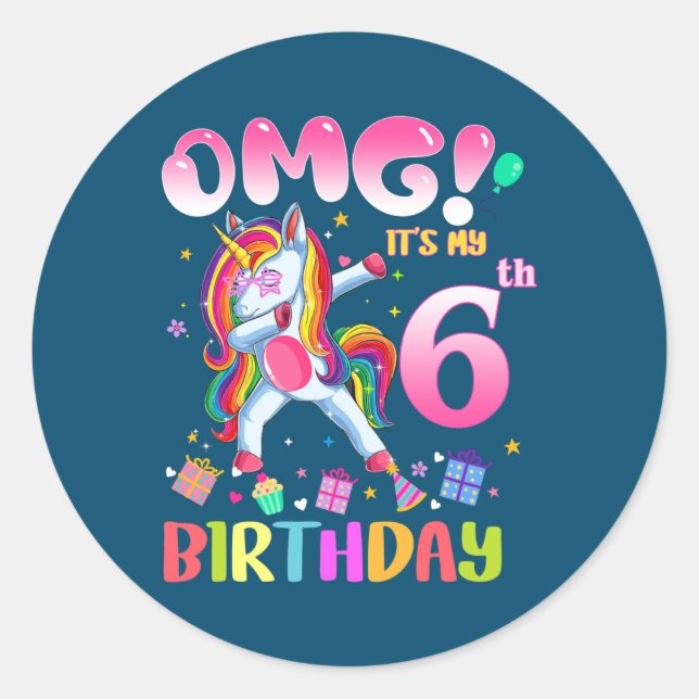 Pegatina Redonda Kids OMG It's My 6th Birthday Girls Dabbing (Anverso)