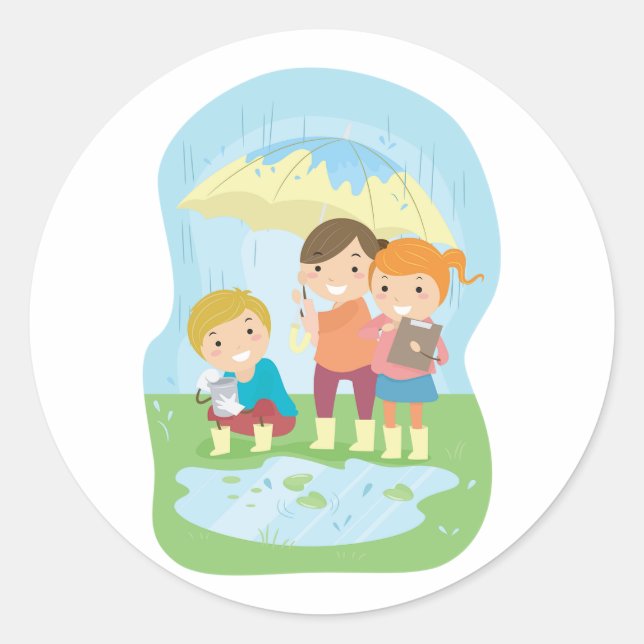 Pegatina Redonda Kids Science Nature Study in Rain (Anverso)