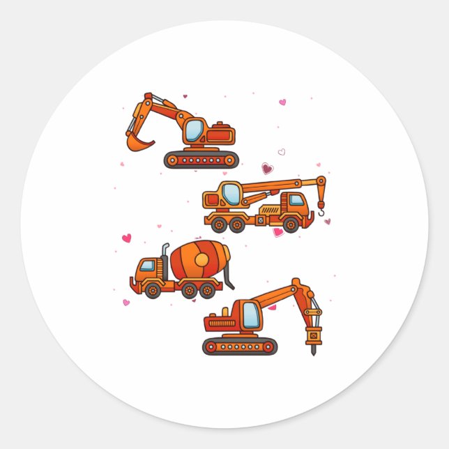 Pegatina Redonda Kids Valentines Day Construction Trucks Boys Kids  (Anverso)