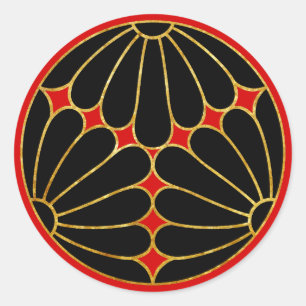 Pegatina Redonda Kiku Chrysanthemum Mon faux gold black on red