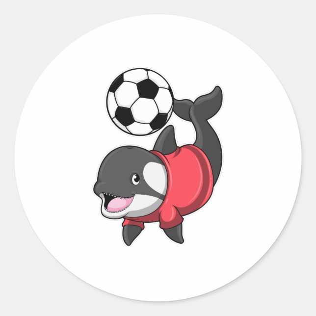 Pegatina Redonda Killerwhale como jugador de fútbol con fútbol (Anverso)