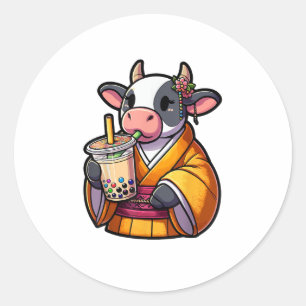 Pegatina Redonda Kimono japonés con té de burbuja para beber vacas