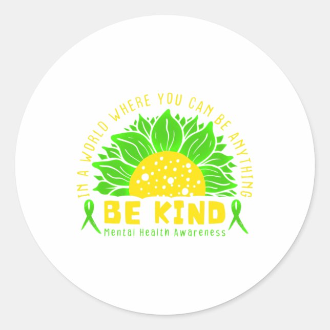 Pegatina Redonda Kind Green Ribbon Sunflower Mental Health Awarts (Anverso)