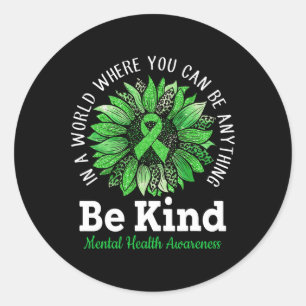 Pegatina Redonda Kind Green Ribbon Sunflower Mental Health Awarts