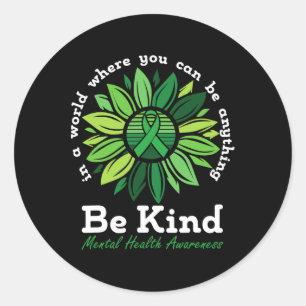 Pegatina Redonda Kind Mental Health Awareness Sunflower Green Ribbo