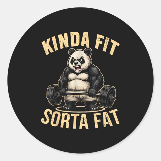 Pegatina Redonda Kinda Fit Sorta Fat - Funny Gym Panda Weightliftin (Anverso)