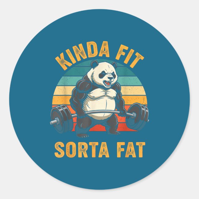 Pegatina Redonda Kinda Fit Sorta Fat Funny Gym Panda Weightlifting  (Anverso)