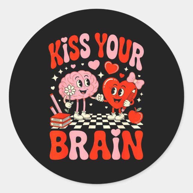 Pegatina Redonda Kiss Your Brain Women Valentine's Day Retro School (Anverso)