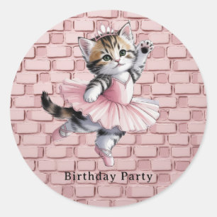 Pegatina Redonda Kit de cumpleaños de niña gatito bailarina acuarel