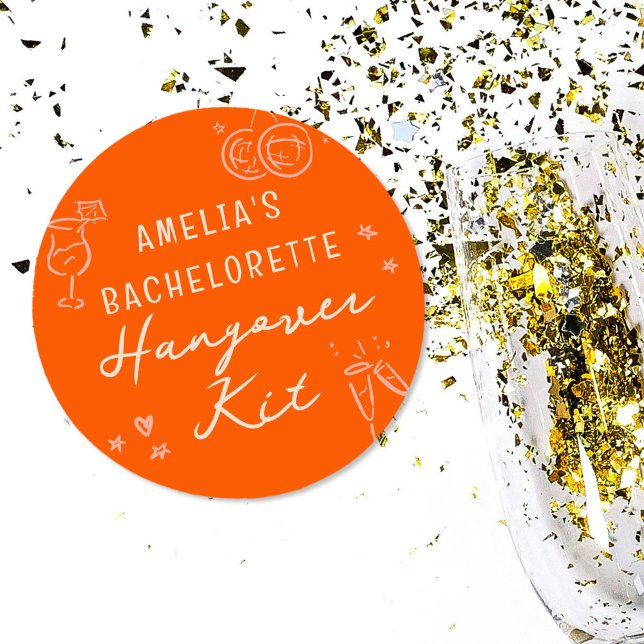 Pegatina Redonda Kit de resaca de despedida de soltera con boceto r (Pink and red girly sketch illustrations bachelorette weekend party hangover kit stickers.)