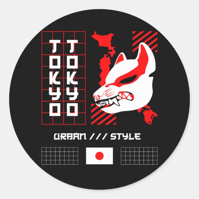 Pegatina Redonda Kitsune Fox Tokyo City (Anverso)