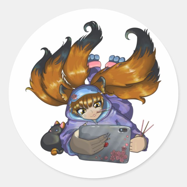 Pegatina Redonda Kitsune Life (Anverso)